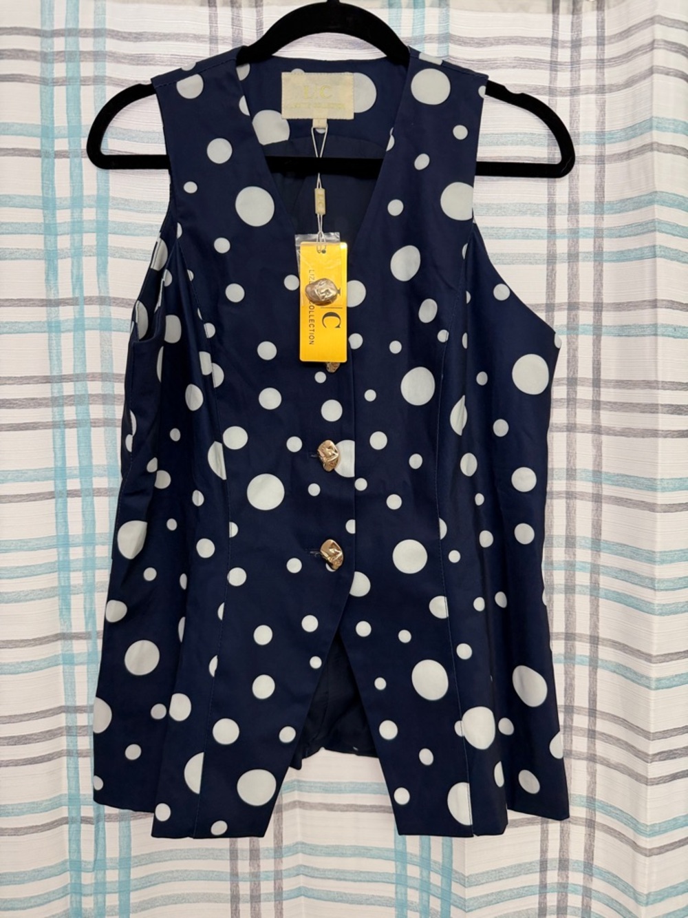 Polka Dot Navy Sleeveless Blouse with Gold Buttons